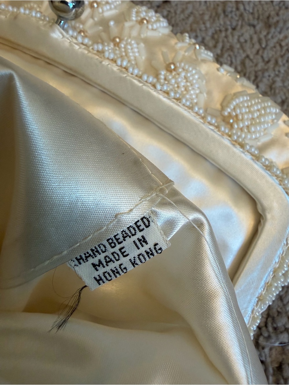 Vintage White Beaded Evening Clutch Pearl Embellished Bag 1950’s Satin Lining - Picture 7 of 8